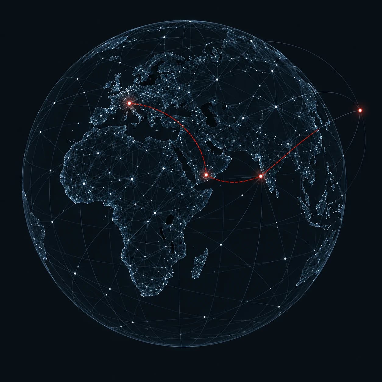 Silver-blue global narrative network with a selected red connection.
